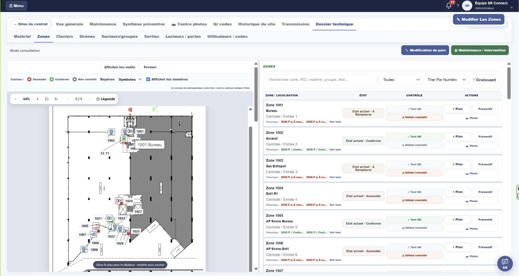 Capture réelle de SR Connect avec le plan interactif à gauche et les zones, états et contrôles à droite